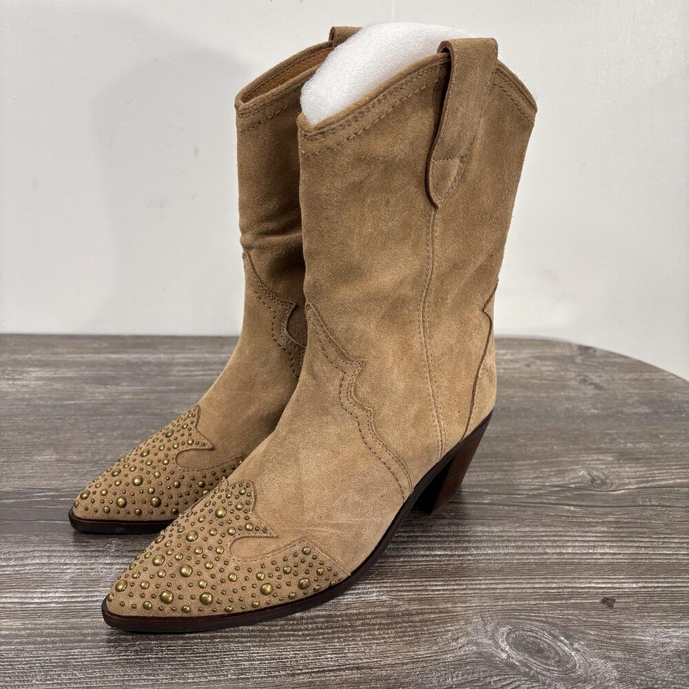 New! Frye Sara Wingtip Boots Womens Size 6M Beige Suede Western Studded Mid Calf